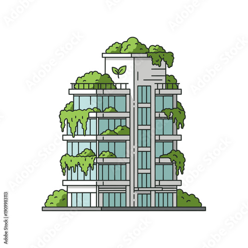 Modern green building with vertical gardens and plant-covered balconies