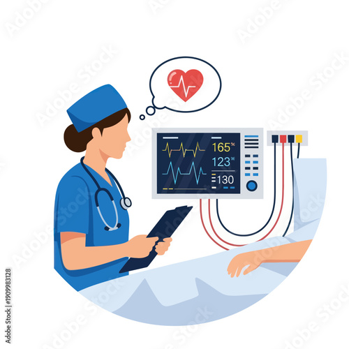Nurse checking patient heartbeat on medical monitor