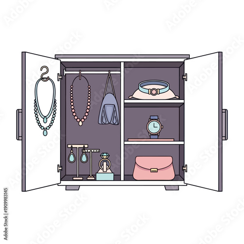 Open wardrobe cabinet with various women's fashion accessories inside