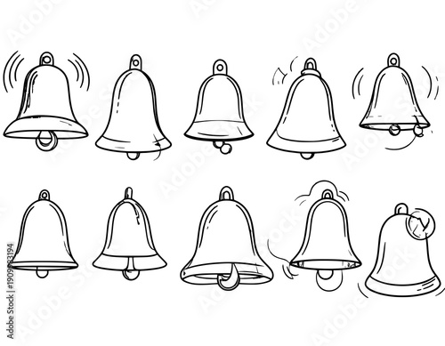 Hand drawn notification bell doodle outline icons alert alarm bell vector set