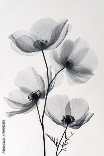 Artistic x-ray style of four delicate anemone flowers