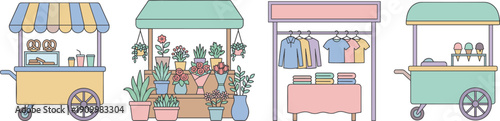 Market stalls illustration, food cart, flower shop, clothing stand, ice cream vendor, pastel street market kiosks collection