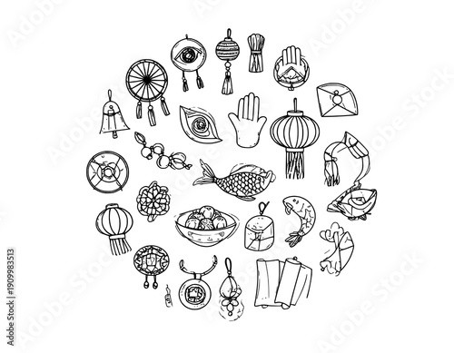 Hand drawn lucky charm doodle icons Asian talismans and good fortune symbols outline vector collection