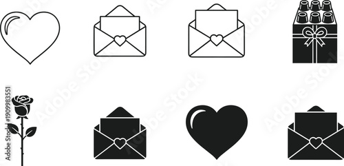 Love and romance icon set, heart envelope rose gift symbols, minimal black outline vector illustration, wedding valentine design elements