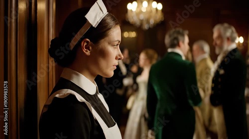 Woman maid looking away from historic party in mansion. Period drama event with staff.