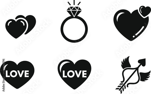 Love and engagement icon set, heart symbols diamond ring cupid arrow silhouettes, romantic black vector design collection
