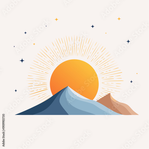 The Sun. Minimalist geometric wall art. Abstract landscape for boho aesthetic interior. Mystic home decor wall print.