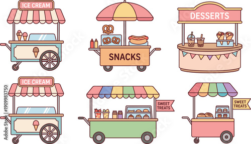 Cute dessert and ice cream cart illustration set, sweet snacks street food stalls, pastel carnival food market design