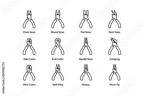 Types of pliers: chain nose, round nose, flat nose, bent nose, side cutter, end cutter, needle nose