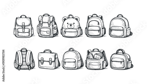 Backpack doodle icon set. Hand-drawn schoolbag sketch, outline vector collection