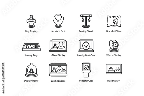 Elegant jewelry display designs: ring, necklace, earring, bracelet, watch