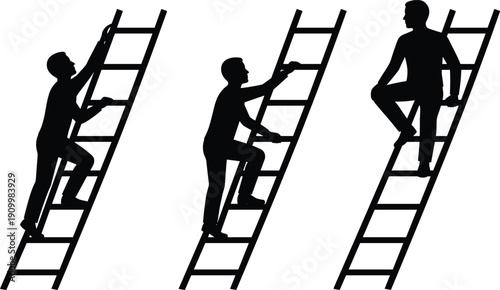 Worker climbing ladder silhouette set, construction maintenance activity poses, safety equipment concept, professional labor icon isolated vector illustration