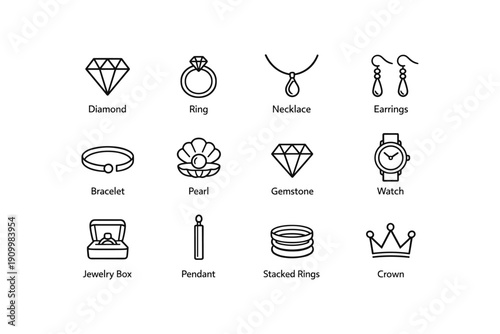 Elegant jewelry icons: diamond, ring, necklace, earrings, bracelet, pearl, gemstone, watch, jewelry box, pendant, stacked rings, crown