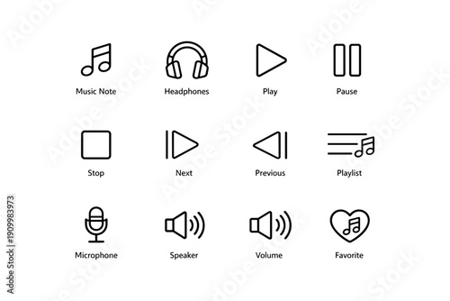 Music icon set with play, pause, headphones, and playlist symbols