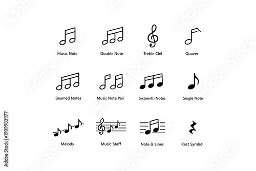 Musical symbols collection: notes, clefs, and rests illustrated