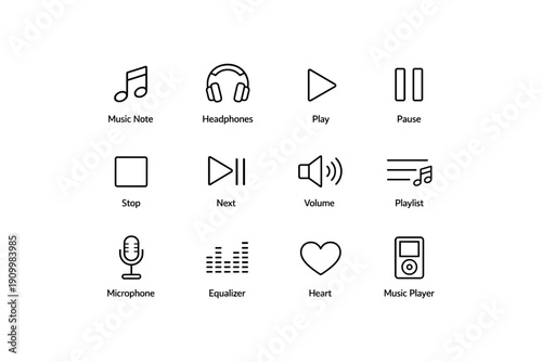 Music control icons: play, pause, volume, microphone, music player
