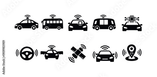 Smart transport silhouette icon set. Vehicle tech, gps, navigation symbols in silhouette style