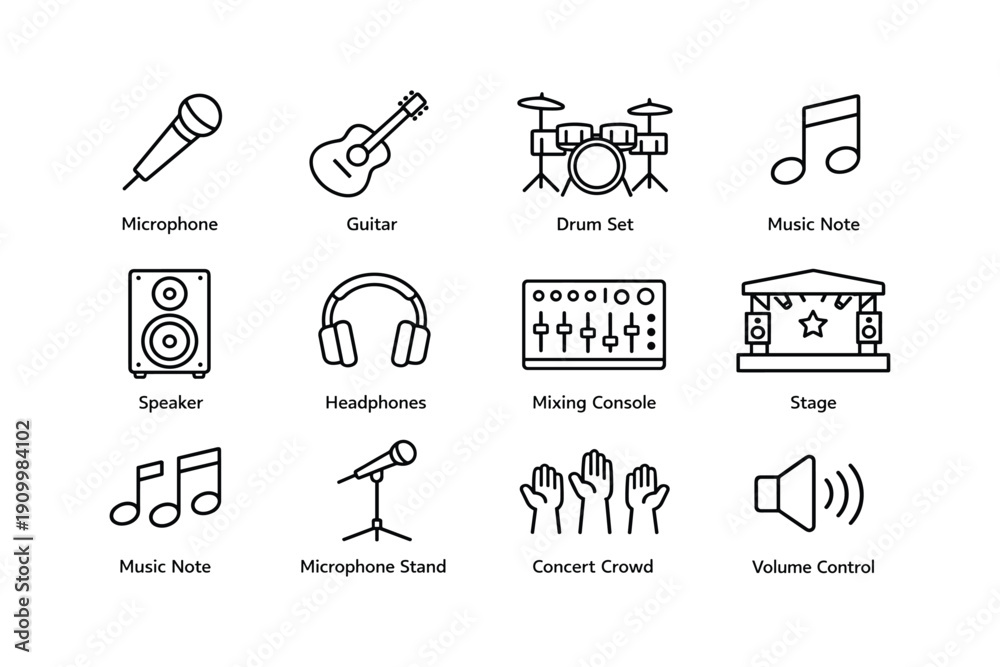 Fototapeta premium Music gear icons: microphone, guitar, drum set, music note, and more