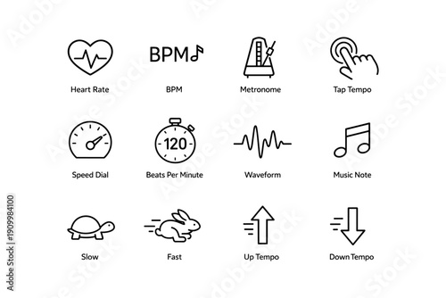 Music tempo and rhythm icons: heart rate, bpm, metronome, speed, slow, fast