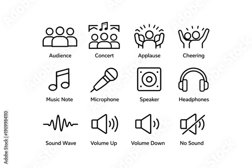 Concert symbols: audience, music note, microphone, speaker, headphones, sound controls