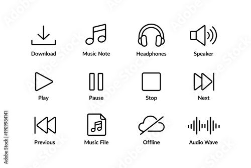 Audio icon set: download, music note, headphones, speaker, play, pause, stop, next, previous, music file, offline, audio wave