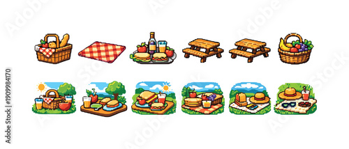Picnic flat icon set. Basket, blanket, food, and outdoor icons collection
