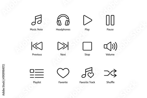 Music control icons set: play, pause, volume, shuffle, and more