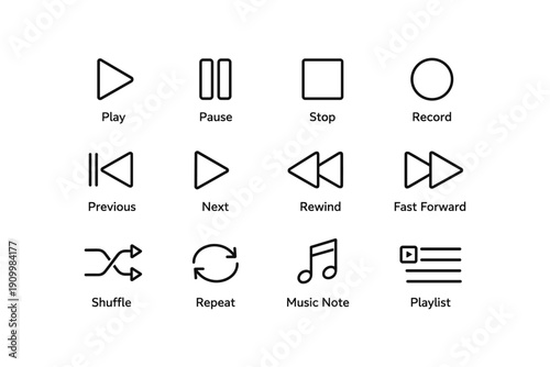 Media control icons: play, pause, stop, record, shuffle, repeat, music note