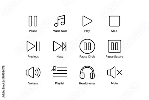 Minimalist music control icons: play, pause, stop, volume, and more