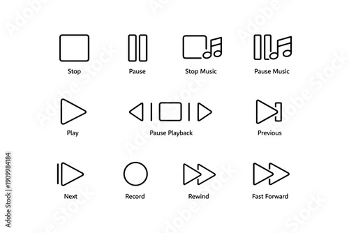 Music control icons: play, pause, stop, fast forward, rewind
