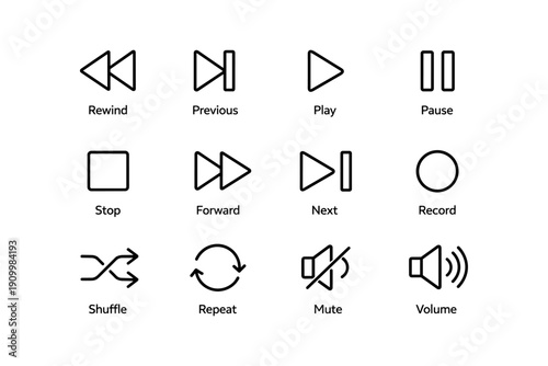 Set of media control icons for music and video playback