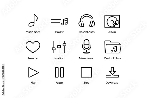 Music icons set: note, playlist, headphones, album, favorite, equalizer, microphone