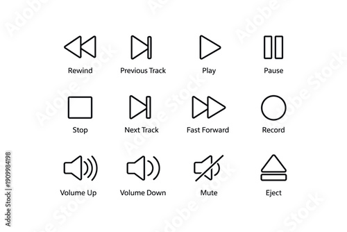 Media playback icons set: rewind, play, pause, stop, record, volume, eject