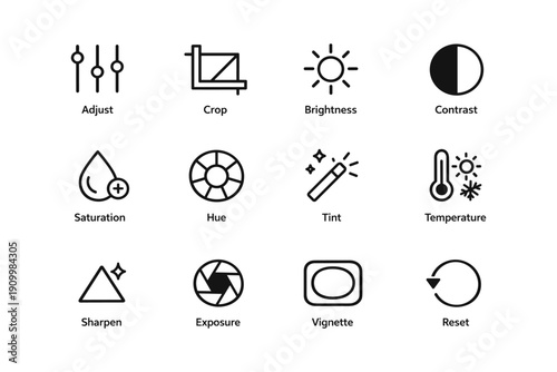 Photo editing icons: adjust, crop, brightness, contrast, saturation, hue, tint, temperature