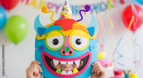 Portrait of a happy smiling clown celebrating a joyful birthday party with a cheerful boy in a colorful cartoon style