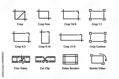 Video editing icons: crop, trim, cut, rotate tools