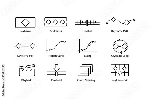 Animation icons: keyframes, timeline, motion curve, easing, playback