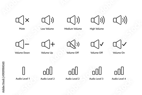 Audio control icons: mute, volume, and audio levels