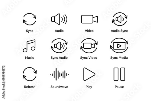Set of media control icons: sync, audio, video, music, play, pause