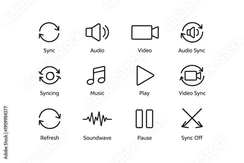 Media control icons: sync, audio, video, music, play, pause symbols