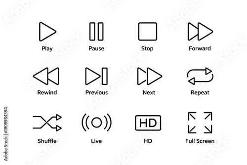 Media control icons: play, pause, stop, forward, rewind, repeat, shuffle, live, hd, full screen