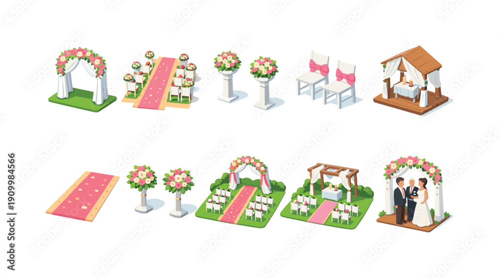 Obraz premium Wedding ceremony 3d icon set. Decor, celebration, marriage symbols collection
