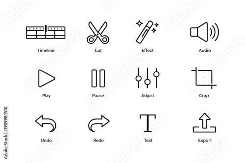 Video editing icons: timeline, cut, effect, audio, play, pause, adjust, crop, text, export