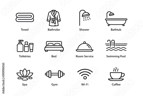 Hotel amenities icons: towel, bathrobe, shower, bathtub, toiletries, bed, room service, swimming pool, spa, gym, wi-fi, coffee