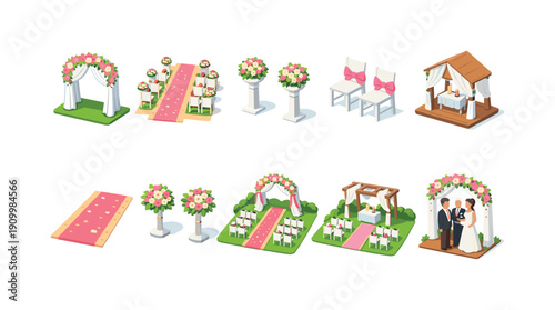 Wedding ceremony 3d icon set. Decor, celebration, marriage symbols collection