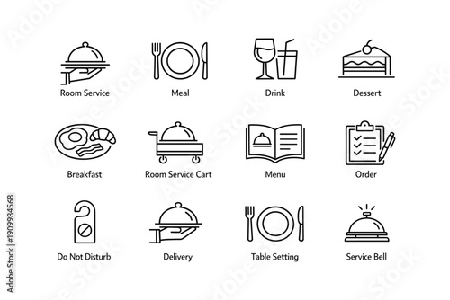 Simple black line hotel icons: room service, meal, drink, dessert, breakfast