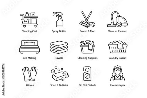 Cleaning tools and supplies icons for housekeeping and maintenance