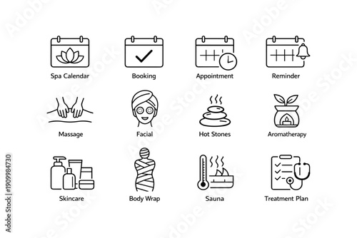 Wellness and spa icons set with massage, facial, skincare, sauna, aromatherapy elements