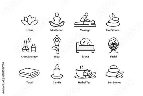 Spa and wellness icons: meditation, massage, yoga, sauna, aromatherapy, candle
