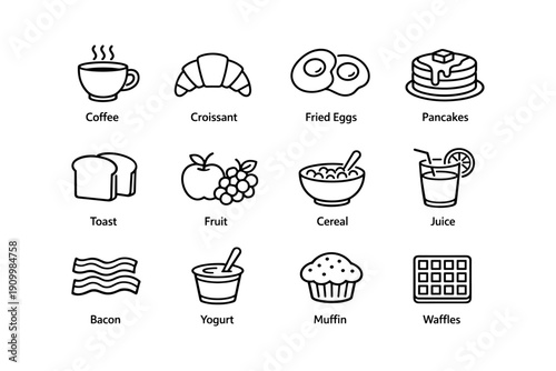 Breakfast icons: coffee, croissant, fried eggs, pancakes, and more